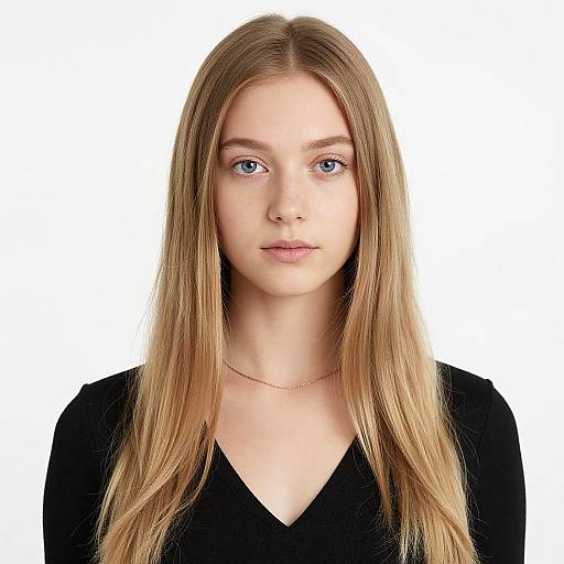 Photograph of a young Caucasian woman with long, straight blonde hair, blue eyes, and light skin, wearing a black V-neck top, against a