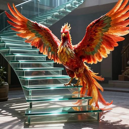 Photograph of a vibrant, red-orange phoenix with fiery feathers, wings spread wide, standing on a glass staircase in a modern, sunlit indoor setting