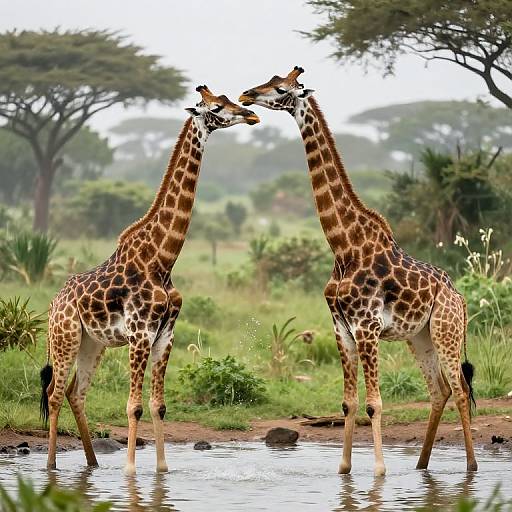 Photograph of two giraffes standing in a waterhole, touching necks, in a lush, green savanna with acacia trees and mist