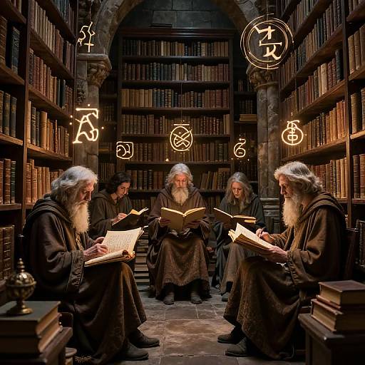Photograph of four elderly men with white beards, dressed in dark robes, reading books in a dimly lit, arched library with glowing mystical