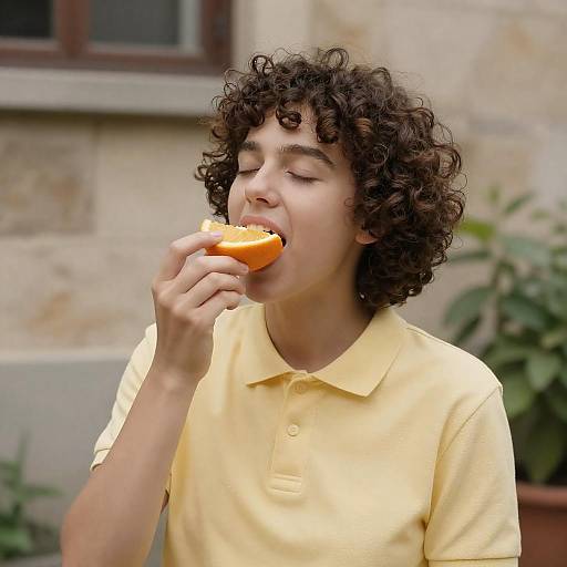 Person Enjoying Citrus Under Stone Wall