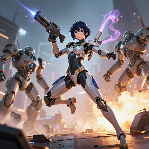 Digital art: Cybernetic woman with blue hair, white and black armor, dual guns, glowing purple energy, surrounded by attacking robots in a fiery