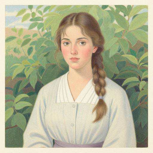 Digital painting of a young woman with fair skin, brown hair in a braid, wearing a white blouse, standing against a lush green leafy background