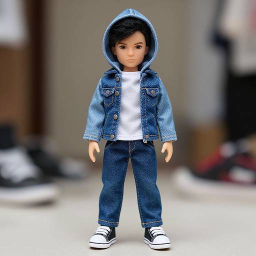 Photograph of a doll with brown hair, wearing a blue denim hooded jacket, white shirt, dark blue jeans, and black-and-white sneakers,