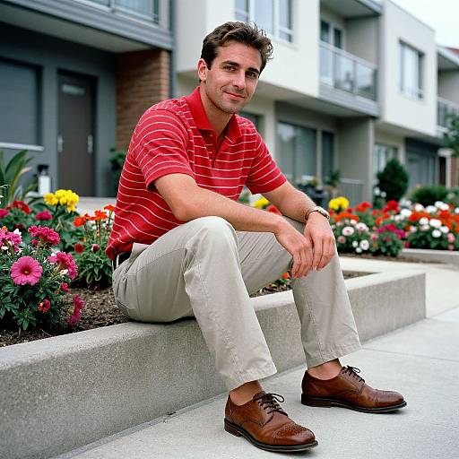 Photograph of a smiling young man with short brown hair, wearing a red striped polo, beige pants, and brown shoes, sitting on a concrete ledge