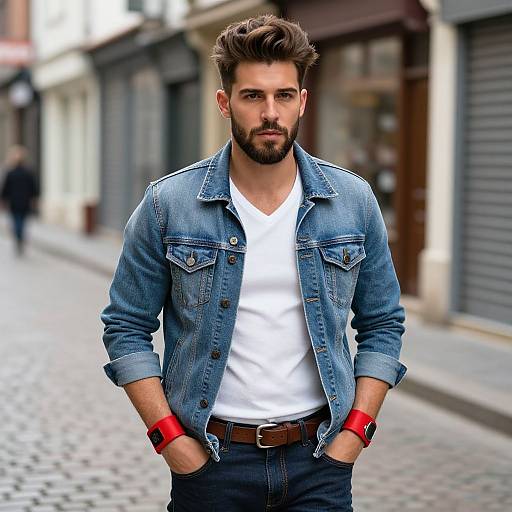 Photograph of a handsome, bearded man with dark hair, wearing a blue denim jacket, white t-shirt, red wristbands, and black jeans