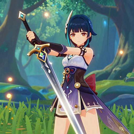Digital anime-style drawing of a blue-haired, red-eyed warrior woman in a black and white outfit, holding a glowing sword in a mystical forest.