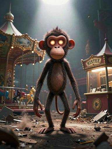 CGI image of a glowing-eyed, furry black monkey standing in a dark, ruined carnival with a broken carousel and a 