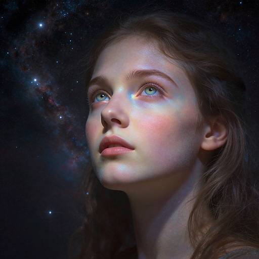 Photograph-like digital artwork of a young woman with fair skin, blue eyes, and brown hair, gazing upwards into a starry, cosmic background