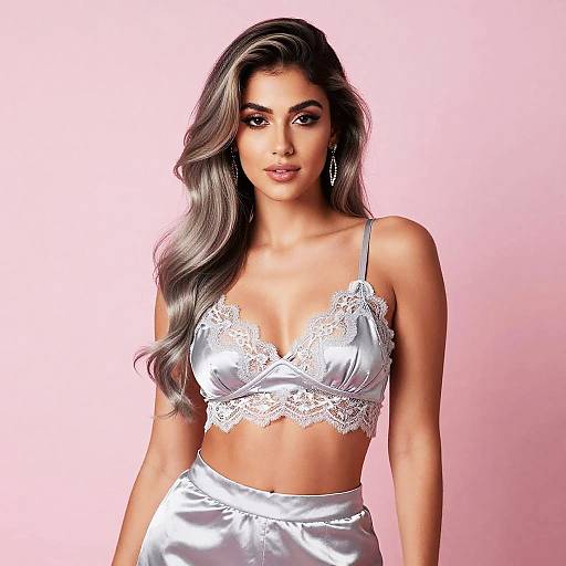 Photograph of a beautiful woman with long, wavy brown hair, wearing a white lace-trimmed satin bralette and high-waisted satin
