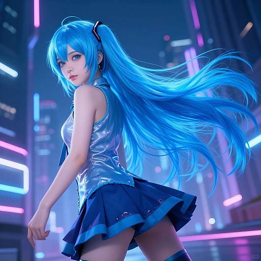 Digital anime artwork of a blue-haired girl with long, flowing hair, wearing a shiny silver top and blue skirt, in a neon-lit, futuristic
