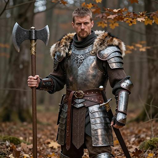 Medieval Warrior in Armor with Axe in Autumn Forest