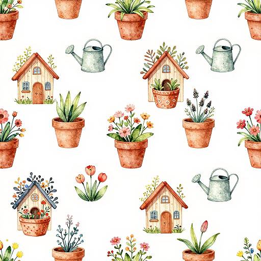Watercolor illustration of terracotta pots with plants, small houses, and metal watering cans, arranged in a repetitive pattern on a white background.