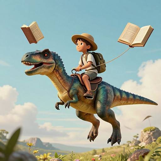 Digital illustration: Young boy in safari hat and backpack rides a blue-green dinosaur through a sunny, cloud-filled sky, with two floating open books. Vibr