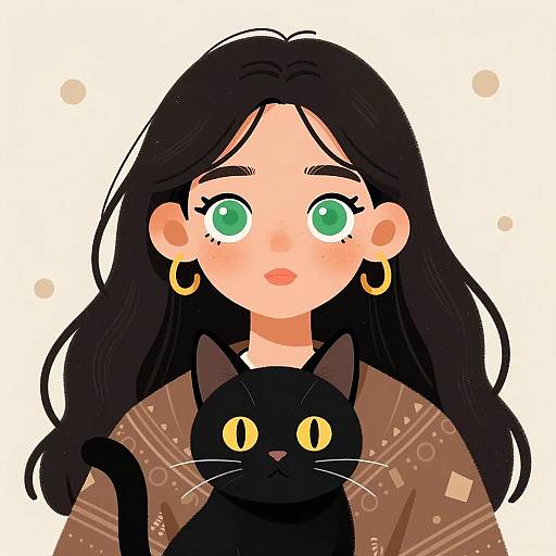 Whimsical Girl with Cat Illustration
