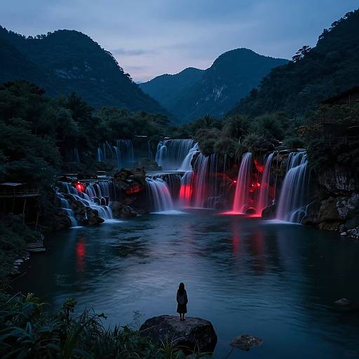 Photograph of a serene, twilight forest waterfall with glowing red lights, a lone figure standing on a rock in the foreground, surrounded by dark, mist