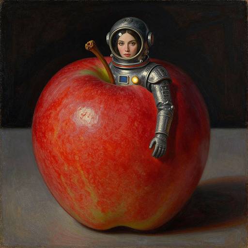 Digital art: Small astronaut in silver spacesuit with helmet and faceplate, standing inside large red apple, against dark background.