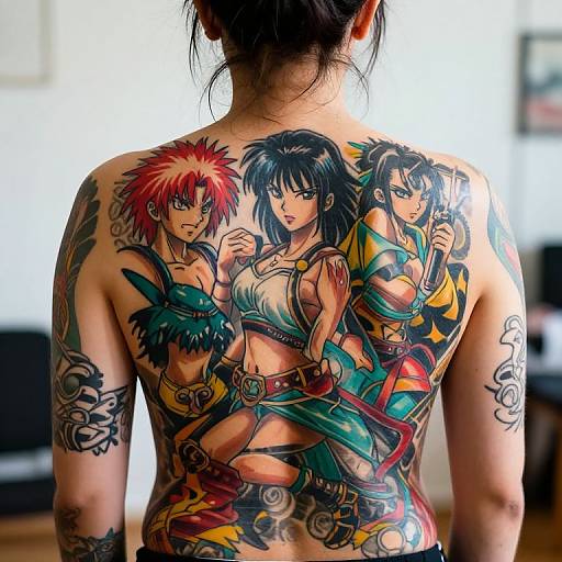 Photograph of a tattooed man's back featuring vibrant, detailed anime-style tattoos of three characters with red, black, and blue hair.