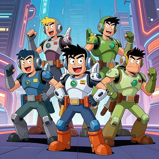 Colorful digital illustration of five anime-style, robotic, superhero-like men in futuristic cityscape, posing confidently with vibrant neon lights.