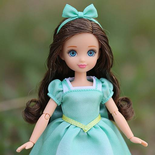 Photograph of a doll with long brown hair, large blue eyes, wearing a light turquoise dress, yellow sash, and green bow. Blurred