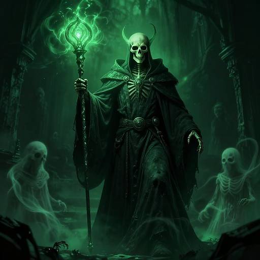 Digital art of a skeletal, horned sorcerer with glowing green flames on a staff, surrounded by ghostly figures in a dark, eerie forest.