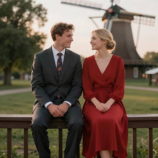 Photograph of a smiling couple in formal attire, man in black suit, woman in red dress, sitting on wooden railing with windmill in background.