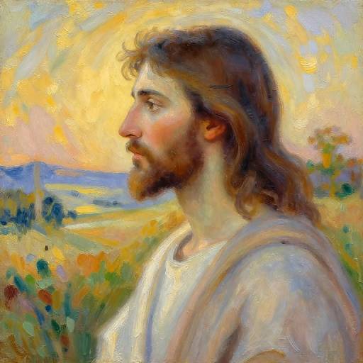 Impressionist painting of a bearded, brown-haired man in profile, wearing a white tunic, against a vibrant, sunlit, yellow and