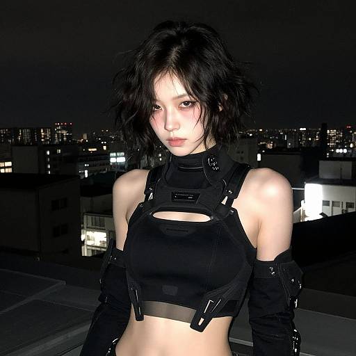 Cyberpunk Young Woman on Rooftop