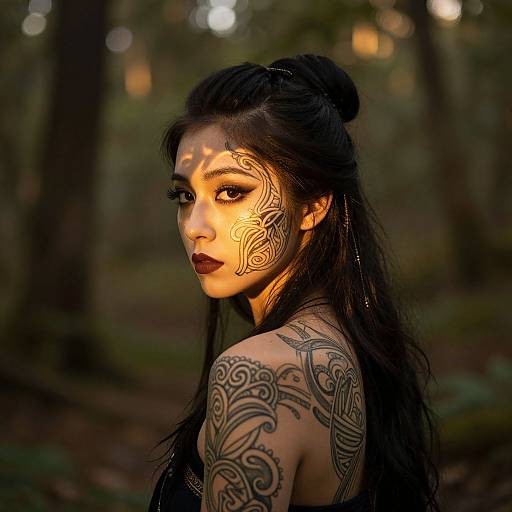 Photograph of a tattooed Asian woman with black hair in a forest, illuminated by sunlight, highlighting intricate facial and shoulder tattoos.