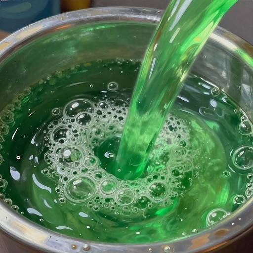 Photograph of green liquid being poured into a clear glass bowl, creating numerous bubbles on the water's surface.