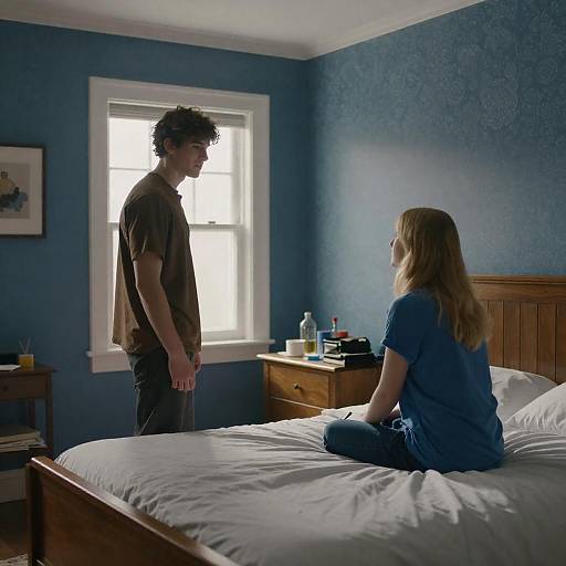 Sunlit Bedroom Scene: Couple Facing Each Other