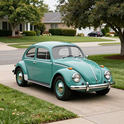 Photograph of a mint green vintage Volkswagen Beetle parked on a suburban sidewalk, surrounded by lush greenery and quiet neighborhood houses.