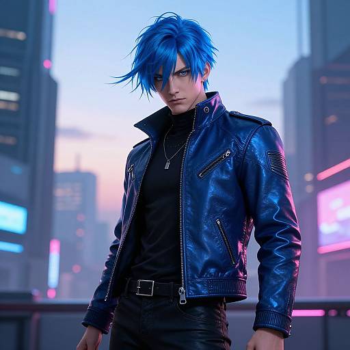 Blue Hair Anime Man in Futuristic Cityscape