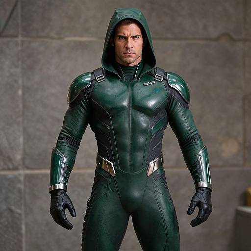 Photograph of a muscular man in a green, hooded, glossy leather bodysuit with metallic shoulder plates, standing against a gray stone wall.
