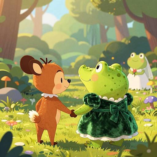 Digital cartoon of a cute deer and green frog in Victorian dresses holding hands in a sunlit forest, with mushrooms and flowers. Frog wears a green dress