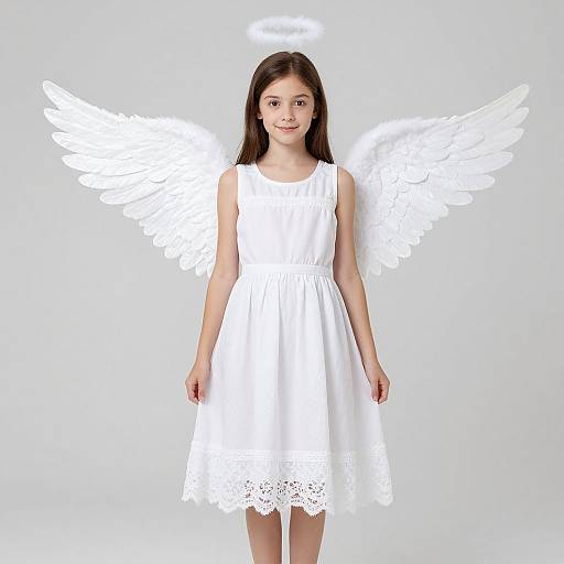 Photograph of a young girl with straight brown hair, wearing a white sleeveless dress and angel wings, and a halo, standing against a plain white