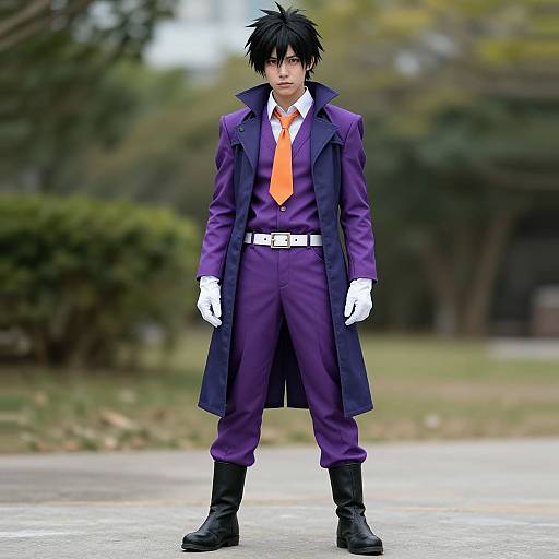 Photorealistic CGI of anime-style young man with spiky black hair, purple coat, orange tie, white gloves, and boots, standing in a