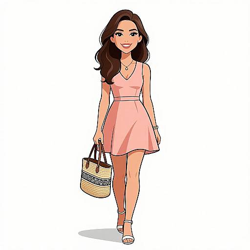 Digital illustration of a smiling woman with long brown hair, wearing a pink dress, white sandals, and holding a woven bag.
