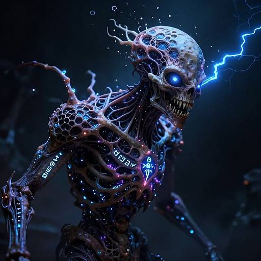 Digital artwork of a skeletal figure with glowing blue eyes and electric-blue lightning, neon circuitry, and dark, cosmic background. Text 