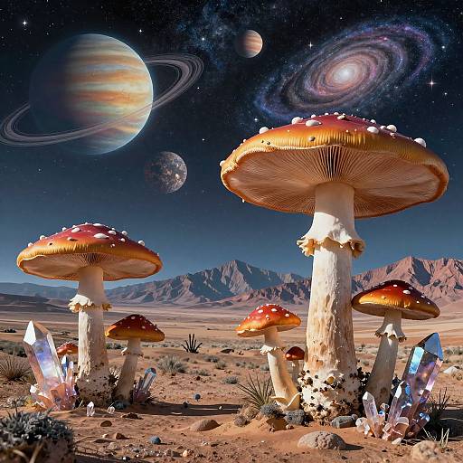 Digital art: Giant red-capped mushrooms with white spots, surrounded by crystals, under a starry sky with planets, rings, and galaxies, in