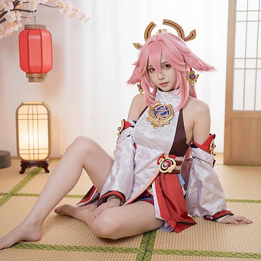 Pink-Haired Anime Cosplayer in Traditional Outfit