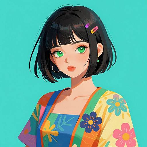 Digital anime-style portrait of a young woman with short black hair, green eyes, wearing a colorful floral kimono, against a bright blue background.