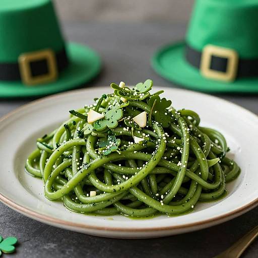 Photograph of green spaghetti with garlic, parsley, parmesan, and grated cheese, served on a white plate, with green leprechaun