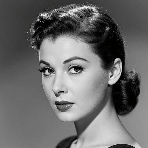 Black-and-white photograph of a vintage-styled woman with dark, glossy hair in an elegant 1940s updo, striking gaze, and smooth