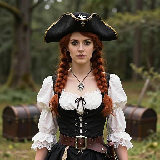 Photograph of a red-haired woman in a pirate outfit with a tricorn hat, white puffed sleeves, black corset, and forest background.
