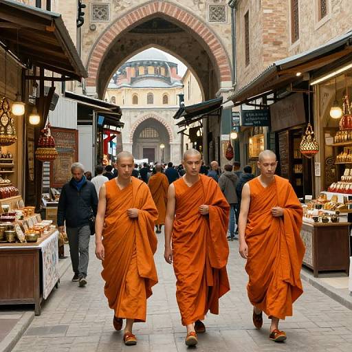 Photograph of three bald Buddhist monks in orange robes walking through a bustling, narrow market street with shops and archway.