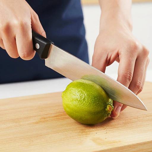 Photograph of hands cutting a green lime on a wooden cutting board with a silver knife, wearing a dark blue shirt.