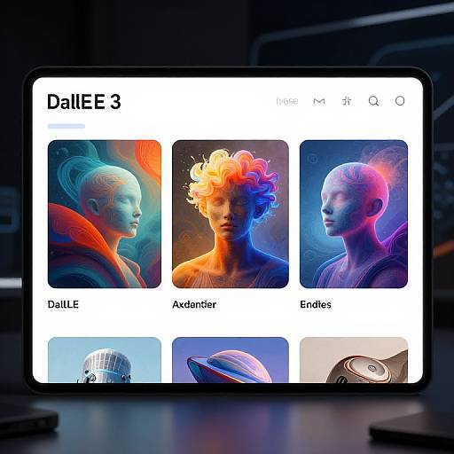 Digital art app interface showing three vibrant, neon-lit portraits: Dalilee (orange-blue), Adverter (yellow-orange), Endless (blue-purple