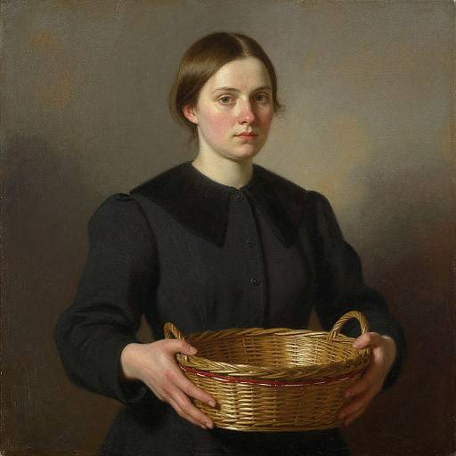 Photorealistic painting of a pale-skinned, brown-haired woman in a black dress, holding a wicker basket against a dark, gradient background.