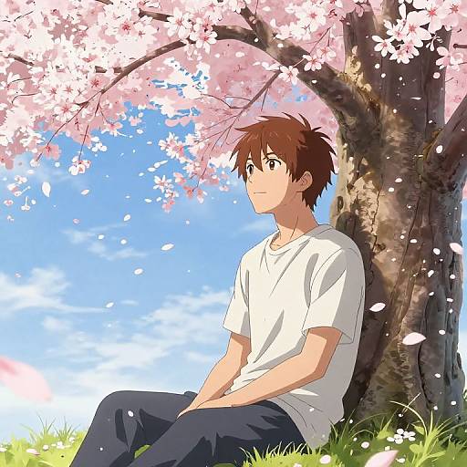 Anime-style drawing of a brown-haired boy in a white shirt and blue pants, sitting under a cherry blossom tree, with pink petals falling, against a